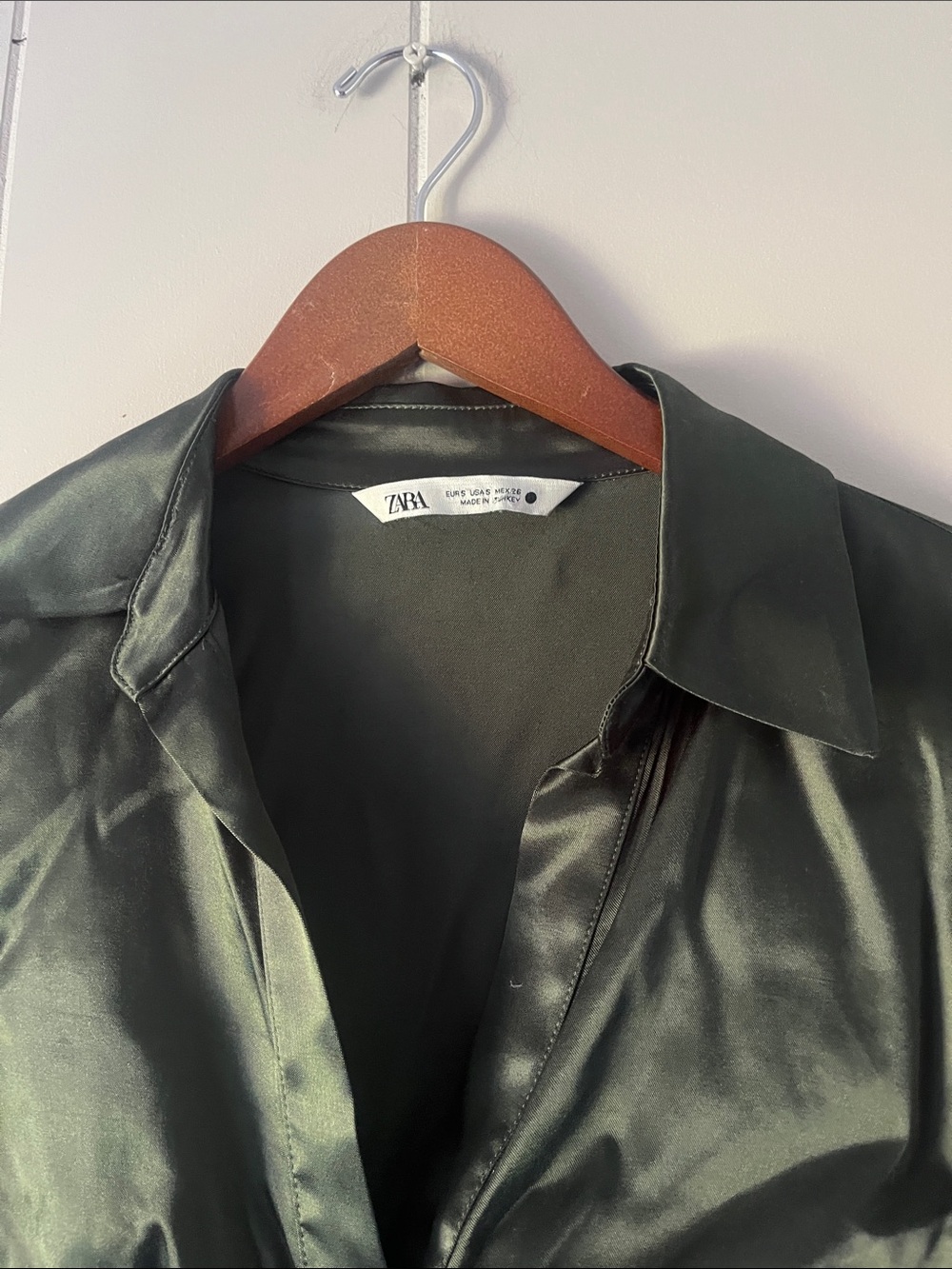 Zara Olive Satin Ruched Button-Front Shirt - Picture 13 of 13